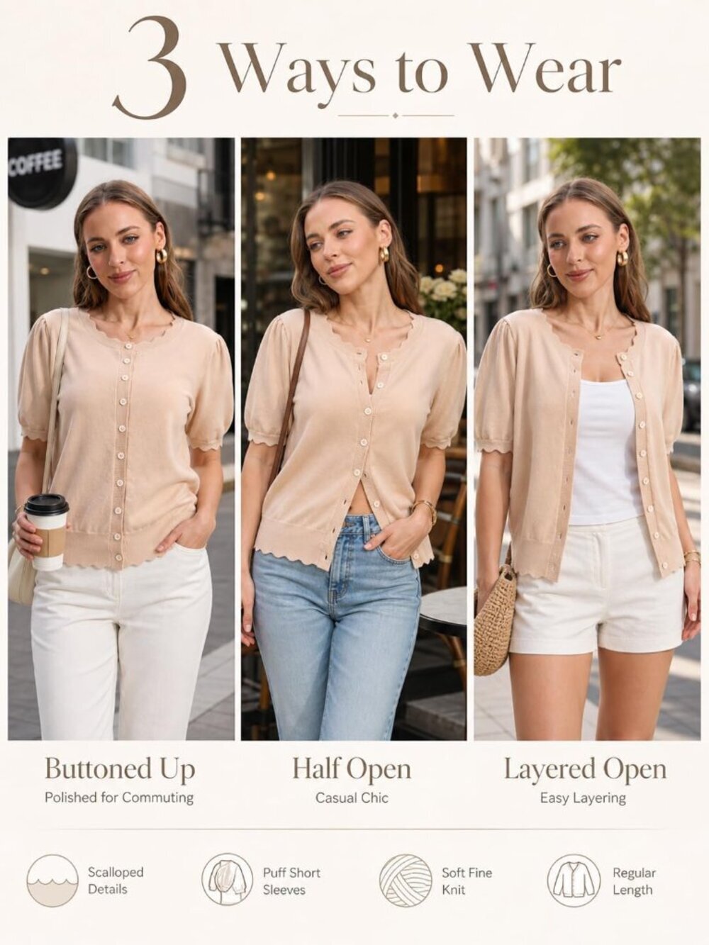 Women's Beige Short Sleeve Crew Neck Button Up Imported Sweaters Cardigan - Picture 4 of 6